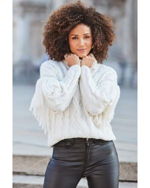 Sosandar Fringe Detail Roll Neck Cable Jumper - White