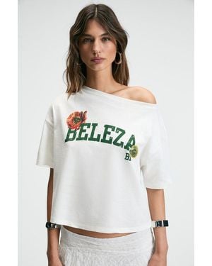 Grimelange Printed Crop Boat Neck T-Shirt - White