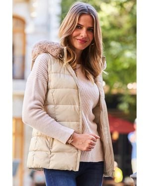 Sosandar Stone Faux Fur Trim Padded Gilet With Zip Pockets - Natural