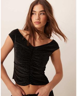 Miss Selfridge Velvet Dot Off The Shoulder Top - Black