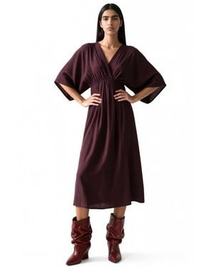 Busem V-Neck Midi Wrap Dress With Three Quarter Sleeves - Red
