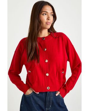 Boohoo Rib Knit Button Cardigan - Red