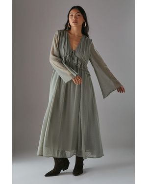 Warehouse Petite Dobby Chiffon Plunge Neck Ruffle Midi Smock Dress - Grey