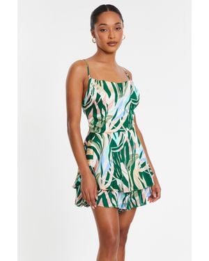 Quiz Tropical Print Satin Playsuit - Green