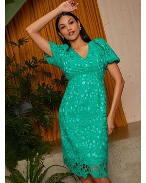 Chi Chi London Puff Sleeve Premium Lace Mini Dress - Blue