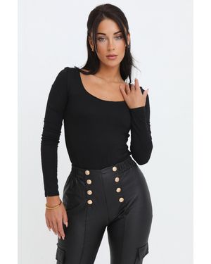 Femme Luxe Scoop Neck Long Sleeve Soft Touch Fitted Bodysuit - Black