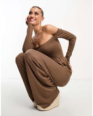 ASOS Soft Touch Bardot Jumpsuit With Wide Leg - Brown