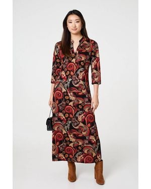 Izabel London Abstract 3/4 Sleeve Maxi Shift Dress - Red