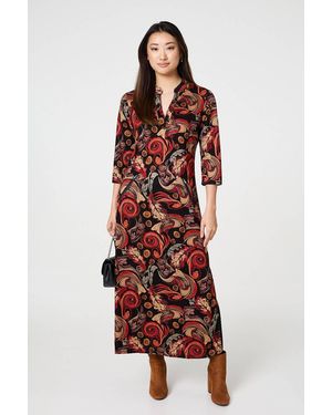 Izabel London Abstract 3/4 Sleeve Maxi Shift Dress - Red