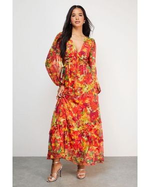 Warehouse Chiffon Cut Out Waist Ruffe Maxi Dress - Red