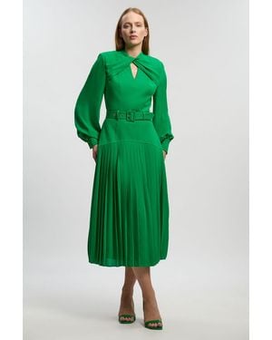 Karen Millen Ponte And Georgette Mix Balloon Sleeve Cut Out Detail Pleated Maxi Dress - Green
