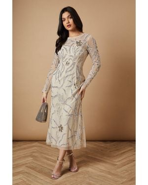 Oasis Hand Embellished Long Sleeve Midi Dress - Brown
