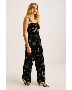 Nasty Gal Velvet Celestial Embellished Square Neck Jumpsuit - Black