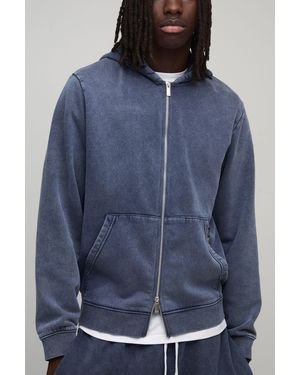 BoohooMAN Essential Washed Boxy Zip Through Hoodie - Blue