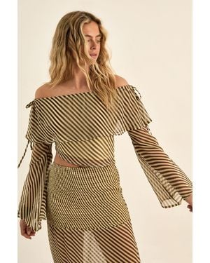 Nasty Gal Chiffon Stripe Bardot Tie Detail Fluted Sleeve Top - Brown