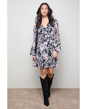 Oasis Printed Pleated Skirt Long Sleeve Mini Dress - Multicolour
