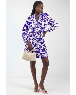 Msn-Collection Floral V-Neck Mini Shirt Dress With Belt - Blue