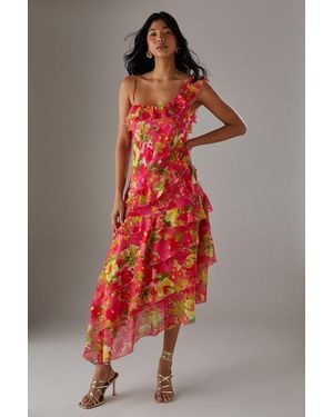 Warehouse Chiffon Asymmetric Hem Ruffle Midi Slip Dress - Red