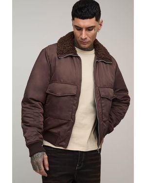BoohooMAN Tall Regular Fit Boucle Borg Collar Nylon Bomber Jacket - Brown