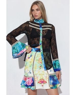 Msn-Collection Floral Belted Blouse And Skirt Set - Blue