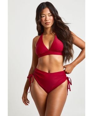 Boohoo Tummy Control Ruched High Waist Bikini Bottom - Red
