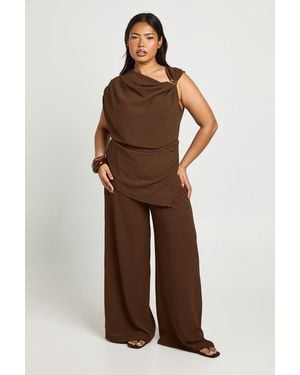 Boohoo Plus Cowl Neck Trim Detail Top Cinched Back & Wide Leg Trouser Co Ord - Brown