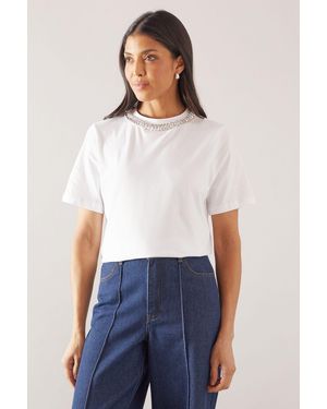 Wallis Diamante Trim Relaxed T-Shirt - White