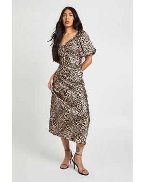 Boohoo Tall Leopard Puff Sleeve Midaxi Dress - Black