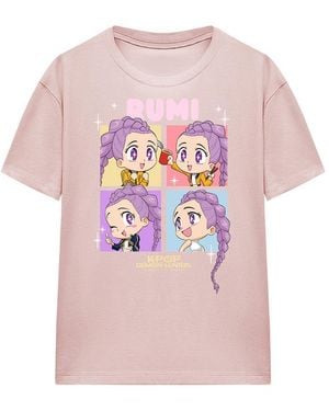 K-Pop Demon Hunters Ladies Huntrix Rumi Chibi Group Regular T-Shirt (Powder Rose) - Pink