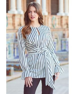 Sosandar Ivory & Satin Stripe Keyhole Detail Tie Side Top - Blue