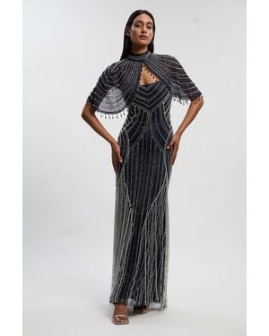 Karen Millen Crystal Embellished Woven Maxi Dress With Removeable Cape - Black