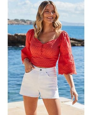Sosandar Petite Embroidered Top With Broderie Trim Cotton