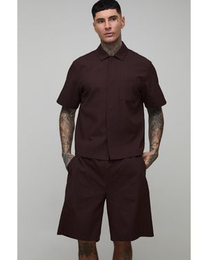 BoohooMAN Tall Textured Oversized Boxy Shirt & Relaxed Short Set - Brown