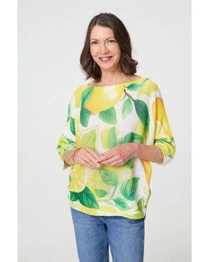 Izabel London Leaf Print 3/4 Sleeve Knit Texture Top - Green