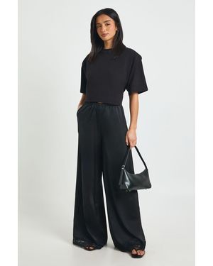 Boohoo Petite Satin Lace Trim Wide Leg Trousers - Blue