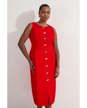 Karen Millen Plus Size Viscose Linen Tailored Statement Button Front Pencil Midi Dress
