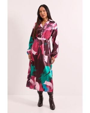 PRINCIPLES Printed Wrap Tie Waist Satin Shirt Dress - Red