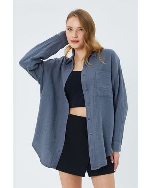 MixRay Oversize Shirt With Pocket Detail - Blue