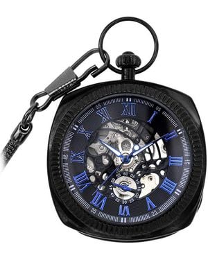 Infinity Leather Mechanical Vintage Skeleton Square Open-Face Pocket Watch - Blue