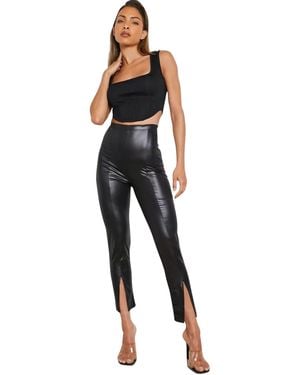 Femme Luxe Leather Look Front Split Fleece Leggings - Black
