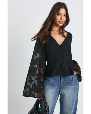 Boohoo Floral Textured Button Down Blouse - Black