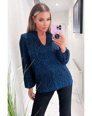 AX Paris Animal Print Long Sleeve Blouse - Blue