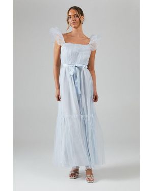 Debut London By Coast Bardot Tiered Mesh Bridesmaids Dress - Blue