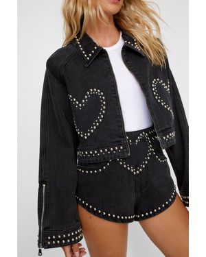 Nasty Gal Heart Studded Cropped Denim Jacket - Black