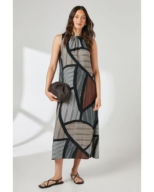 PRINCIPLES Tie Back Linear Print Volume Midi Dress - Natural