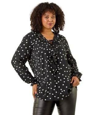 Roman Curve Polka Dot Ruffle Top - Black