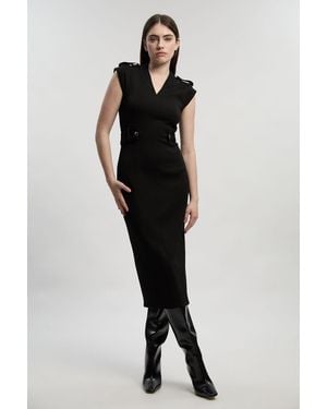 Karen Millen Ponte Trim Belt Detail Midi Pencil Dress - Black