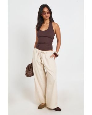 Boohoo Petite Chambray Drawcord Wide Leg Trousers - Natural