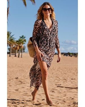 Sosandar Leopard Print Tie Waist Fluted Sleeve Beach Kaftan - Blue