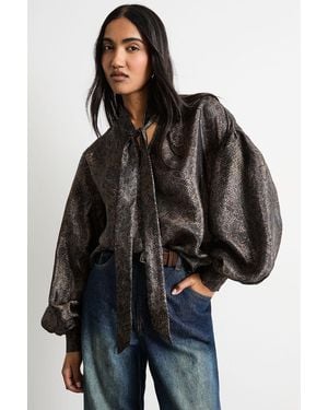 Warehouse Printed Pussybow Tie Neck Blouson Sleeve Blouse - Black